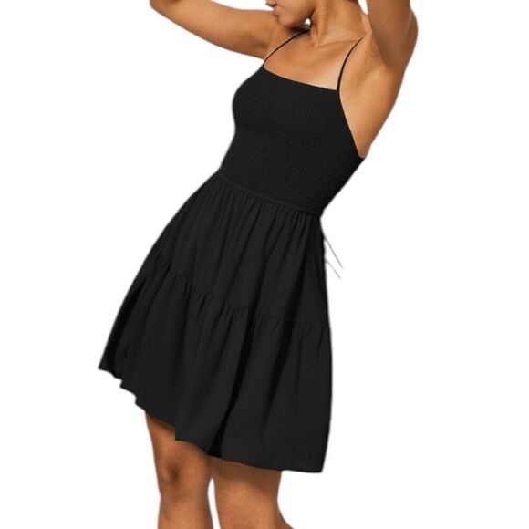 Size M Backless Crisscross Adjustable Strap Shirred Plicated Flowy Mini Linen-Fe - Picture 2 of 8